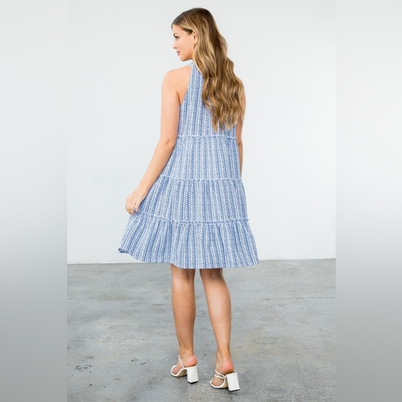 THML Geometric Tiered Ruffle Tassel Dress - Blue/White - Size Small - NWT - Picture 3 of 12